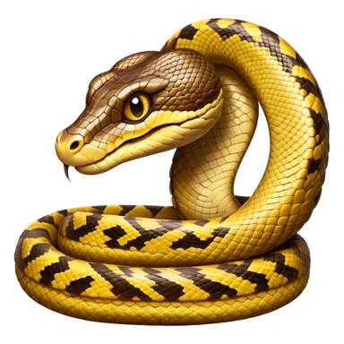 cinematic-python-realistic-full-body-coiled-emoji,-thick-scaled-body-looped-tightly,-intricate-brown-and-gold-patterned-scales-reflecting-light,-head-tilted-dramatically,-slitted-eyes-staring-calmly,-simplified-yet-realistic-focused-feature sticker