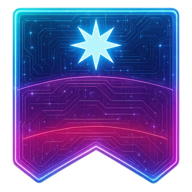 Transform the banner into a cyberpunk, holographic style with glowing neon blue and pink edges. Add intricate circuit patterns throughout the banner with a transparent background. Maintain the recognizable shape, color bands, and star, overlaying neon and circuit effects in a futuristic, clean style consistent with cyberpunk glow and intricate circuit details. sticker