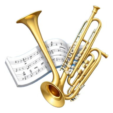 Create an elegant and refined emoji that represents orchestration and arrangement. The design should feature a musical score or sheet music with various orchestral instruments like a violin, a trumpet, and a grand piano subtly integrated into the composition. Add a conductor's baton, symbolizing the guiding hand of orchestration, and flowing musical notes that move between the instruments. Use rich, classic colors like gold, silver, and deep blue to evoke the sophistication of orchestral music. The background should be transparent, with a touch of intricate details to represent the complexity of orchestration. sticker