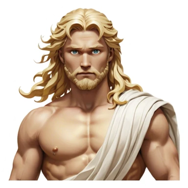 Cinematic Realistic Thor Portrait, depicted as a classical Greek god with a chiseled, sculpted physique reminiscent of ancient marble statues. His fair, luminous skin carries a subtle golden sheen, and his long, wavy, sun-kissed golden hair flows elegantly around his noble face, accentuating his determined, piercing eyes. Draped in a flowing white toga with delicate golden accents and hints of lightning motifs, the portrait is rendered in dynamic natural lighting with a radiant, mythic glow that exudes timeless strength and divine grace. sticker
