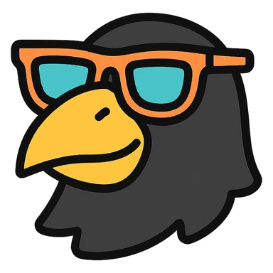 head of a black bird wearing sunglasses, fun and bold style, colorful lineal icon with black outlines sticker