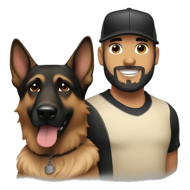 white male with a black beard and a baseball hat alongside a black and brown german shepherd  sticker