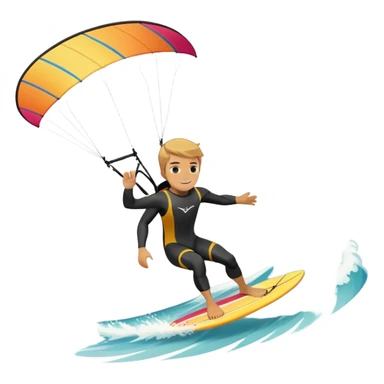 An athlete in a wetsuit riding a kiteboard, soaring over the sea waves with the kite high in the sky. The background features a vibrant blue sky and crashing ocean waves, capturing the thrill and freedom of kitesurfing in dynamic motion. sticker