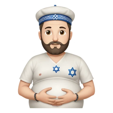 Pregnant Jewish man facing left with hands on belly, wearing a kippah and Star of David necklace, with facial hair sticker