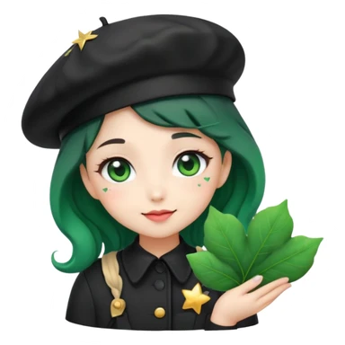 A kawaii girl emoji with wavy dark-green hair, wearing a black beret, holding a tiny heart-shaped leaf. Her eyes sparkle with star reflections, and she blushes softly. Background is a gradient of matte black and deep emerald. sticker