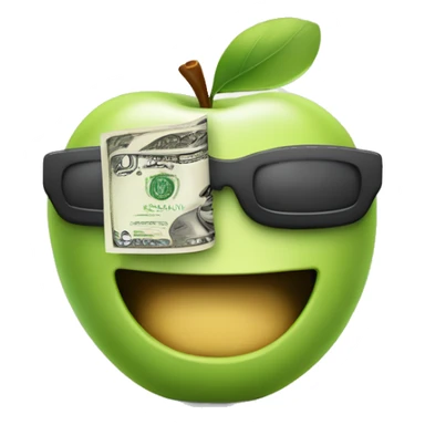 Apple-style emoji of a playful character winking, holding a dollar bill in one hand and the other hand on their hip. sticker