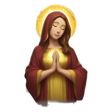 Virgin Mary: kind face looking down at the left, long brown hair, Wearing an emerald green  robe with gold stars and a burgundy red dress,  Hands in prayer or blessing. Halo around her head. standing in front of a big sun. colorful roses on the sides  sticker