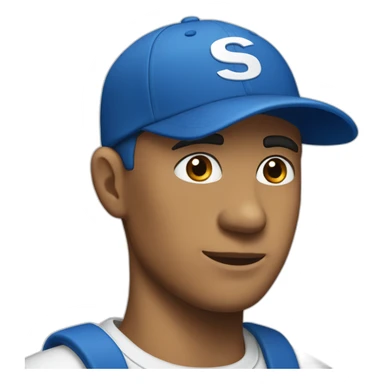 A white Men with a blue cap and with the white letters S and K in his blue tshirt sticker