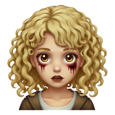 uma garota zumbi de cabelo cor loiro mel forte, olhos castanhos escuros, o cabelo dela é cacheado tipo 2C e ela tem uma franja cacheada, o cabelo dela é longo sticker