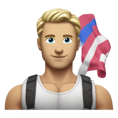 A muscular white man with half-slanted eyes and hair style with a parting on the left side holding the bisexual flag sticker