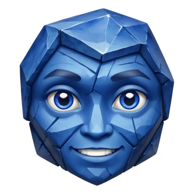 A single sapphire-blue faceted rock head, chunky and worn, with very visible big cracks and chipped facets but still shiny, big kind eyes and a confident smile sticker