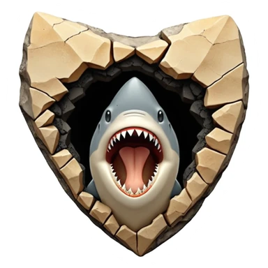 3D render of Shark Tooth, embedded in a chunk of rough sedimentary rock, cracked stone texture, ancient fossil aesthetic, shiny black enamel tooth embedded in beige sand, matte dry finish, Apple emoji style, isolated on white background --v 6.0 sticker