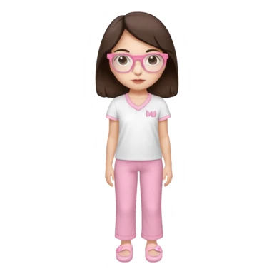 Girl with dark brown hair, light skin, brown eyes, wearing a miu miu glasses the brown ones, and wearing a top in white with a pair of pyjama pants in pink and a slipper in white  sticker