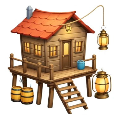 
fisherman house on a wooden pier, small dock, fishing nets hanging, barrels, lantern, ocean vibe, 3D cartoon, cute mobile game icon, clean background, no text
 sticker