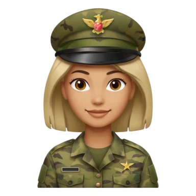 Female soldier emoji in Apple style, no cap/helmet, bust portrait, gentle smile, generic camo, hair visible, soft gradients, transparent PNG sticker