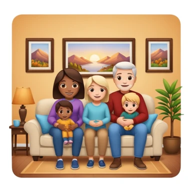 family posing for photo, living room background sticker