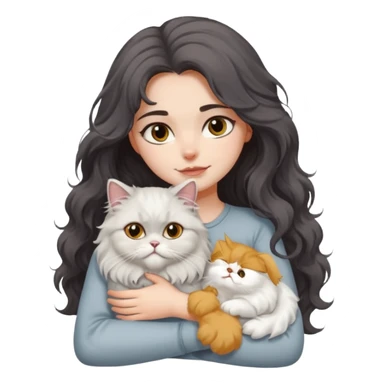 a girl with long dark wavy hair hug a fluffy persian cat with dominant white body and gray on its forehead  sticker