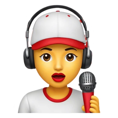 Create a dynamic and energetic emoji that represents beatboxing. The design should feature a stylized microphone and baseball cap on it, with lips and sound waves emanating from it , symbolizing vocal percussion and rhythm. Add elements like headphones or a subtle speaker to emphasize the music production aspect. Use bold colors like black, white, and red to convey the intensity and creativity of beatboxing. The background should be transparent. sticker