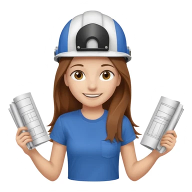 Waist-up girl on a white background wearing a brown Skims t-shirt. She has long, straight chestnut hair down to her waist. Brown eyes, long eyelashes, smiling with braces showing. White helmet with “BUT” written on it. Holding rolled-up blueprints. sticker