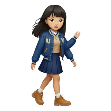 black color long hair with fringe, light skin long hair girl with brown varsity jacket,  navy long long skirt walking

 sticker