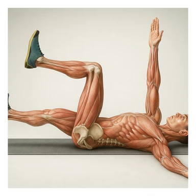 Edit the image of a man in dead bug position, side view, hyperrealistic anatomical 4K version: the arm on the ground is fully extended above the head, pelvis and spine bones visible, translucent muscles and skin, medical atmosphere, realistic anatomical details. Variant 3, slightly change the position of the head. sticker