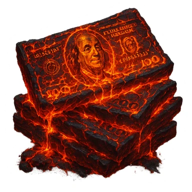 Transform the stack of money into lava money: make the bills appear to be melting and turning into glowing, molten lava with realistic textures and dramatic lighting. Keep the background transparent. Style should resemble a realistic molten lava effect with glowing heat and texture details. sticker