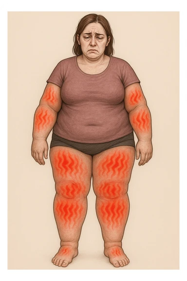 "Woman with lipedema experiencing constant burning and aching pain in disproportionately swollen legs and arms, pain radiating through enlarged fat deposits shown as red heat signatures, expression of chronic suffering and exhaustion, normal daily activities becoming torture due to inflammatory adipose tissue, pain levels fluctuating unpredictably throughout the day" scritte in italiano sticker