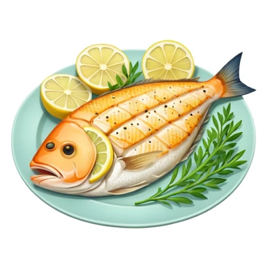 Draw a grilled fish fillet on a plate with lemon slices & herbs. sticker