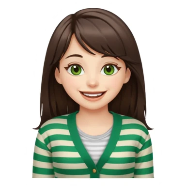 Gorgeous brunette girl green eyes, striped cardigan, with swoop bangs and long hair having fun, laughing sticker