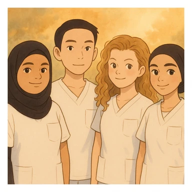 Four nursing students standing side by side in a warm atmosphere, styled in Ghibli. They wear white short-sleeve uniforms without collars, no undershirts or stethoscopes. Tops are medical tunics with V-necks and a chest pocket on the left side. Faces and attitudes inspired by the four provided photos, with a different composition. sticker