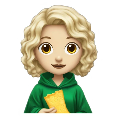 Girl Blue eyes Slytherin robe with short wavy ash blonde hair eating chips and cheese hogwarts robe sticker