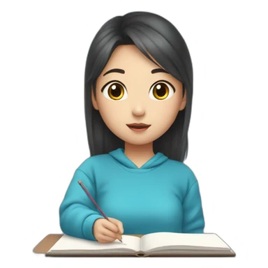 Cute asian aesthetic girl doing lessons in a blue sweatshirt sticker