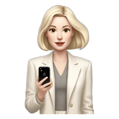 pale skin woman with ash blonde Straightened bob Hair, White Spacious classical jacket, beige palazzo Arrow pants and gray blouse holding white IPhone 14 pro in the hands sticker