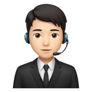 A young Asian man with smooth light skin, dark hair that swoops upward in the front, expressive eyes, a clean-shaven face, and a call-center style headset over one ear, usually paired with a crisp shirt and suit jacket visible from the chest up. sticker