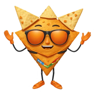 A dorito chip, with legs, arms, and a face. It can be seen wearing sunglasses sticker
