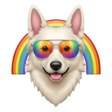 White belgian Shepard with sunglas on a rainbow sticker