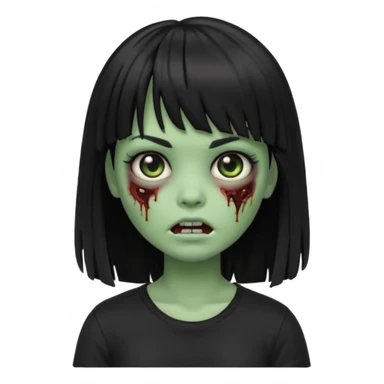 A zombie girl in Apple Memoji format with the longest, straight black hair with bangs, wearing a black shirt. sticker