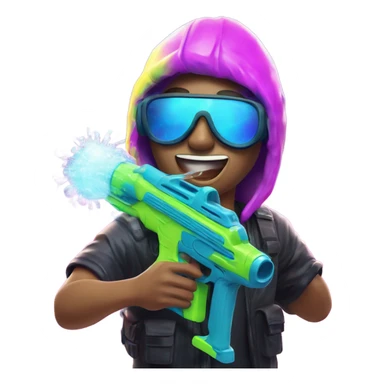 Caucasian boy in glowing rave outfit with mask, sunglasses, and headgear, shooting bubbles out of a water gun sticker