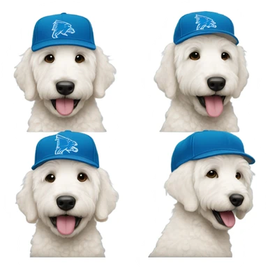 White golden doodle with a Detroit lions hat sticker