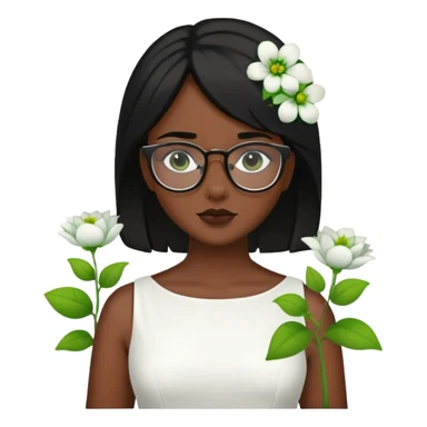 Genera a una chica morena de piel con pelo negro y lentes con vestido blanco y con flores verdes.  sticker