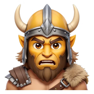 Clash of Clans aesthetic: Cinematic Fierce Barbarian Portrait Emoji, Poised and bold with a rugged yet cartoonish build in tattered furs and a horned helmet, his face rendered in a natural skin tone (not yellow), expressive bright eyes and a confident smirk, Simplified yet dynamic features, highly detailed, glowing with a vivid, adventurous aura, high shine, heroic and spirited, stylized with an air of medieval warrior charm, focused and energetic, soft glowing outline, capturing the essence of a fearless barbarian adventurer ready to lead his clan with spirited valor! sticker
