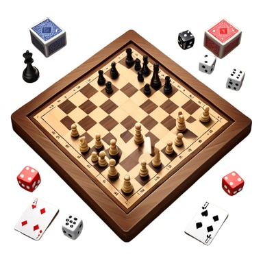 A photorealistic icon featuring a chessboard with pieces in play, dice, playing cards, and a few game tokens on a wooden table. Bright, detailed design with realistic textures and lighting, capturing the fun and strategy of tabletop games. Transparent background, symbolizing board games. sticker