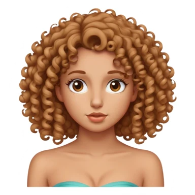 menina de cabelo cacheado abaixo do busto com nariz fino e empinado com uma blusa tomara que caia sticker