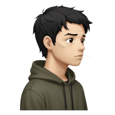 A dark anime-style illustration of a young man in side profile, facing left, with messy black hair tied loosely, sharp jawline and tired eyes. He wears an oversized dark hoodie with muted earthy tones. His expression is calm but emotionally heavy, showing silent pain and inner conflict.

 sticker