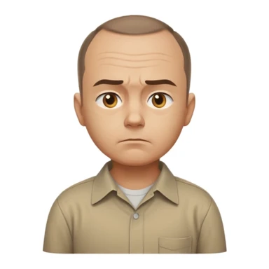 Carl from Sling Blade, serious expression, recognizable features, chin sticking out, slouching posture, no glasses, shirt with collar, side view, entire body visible, standing, three-quarter face angle, head sticking forward, emoji style sticker