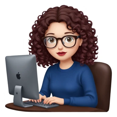 a white young woman with very long wavy dark brown/chocolate hair with curls at the end of her long hair typing in a computer. she's using round glasses, her lips are light red and her cheeks slightly pink. Her eyes are dark brown. She's using a dark blue knit sweater  sticker