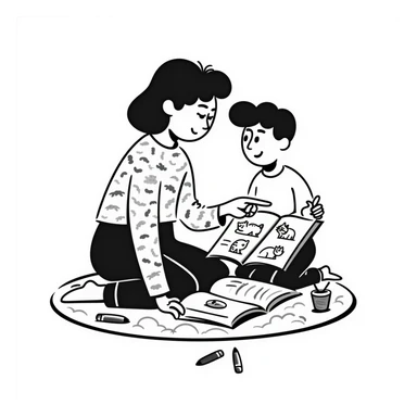 educator or speech therapist with child, who helps child with lessons sticker