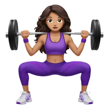 mujer de tez trigueña, con cabello castaño oscuro ondulado con pequeñas ondas, con el cabello super largo hasta las rodillas estilizado, con ropa deportiva morada/lila, tenis blancos deportivos y levantando una pesa sticker