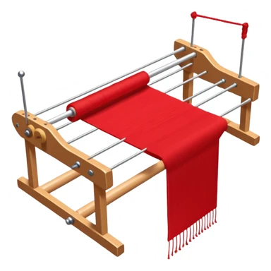 rigid heddle weaving loom set up for weaving a bright red scarf, with red yarn on a stick shuttle laying across the warp threads sticker