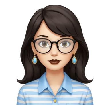An emoji featuring a woman with long wavy dark brown hair and a whispy bang, wearing thick black square glasses, gold drop earrings. She has long lashes and a nude browny glossy lipstick. She's wearing an oversize light blue shirt with white vertical strips. sticker